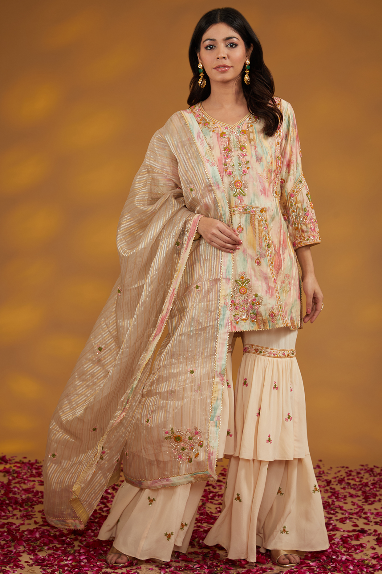Beige Chanderi Silk Hand Embroidered Wedding Sharara Set by House of Supriya at Pernia's Pop Up Shop