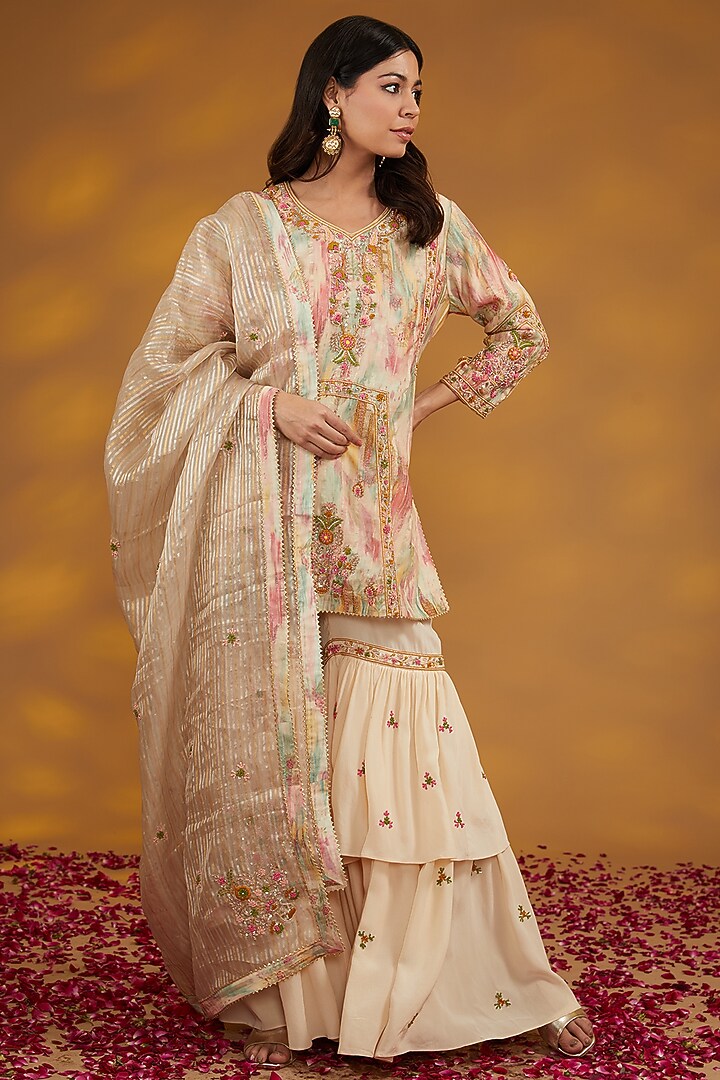 Beige Chanderi Silk Hand Embroidered Wedding Sharara Set by House of Supriya at Pernia's Pop Up Shop
