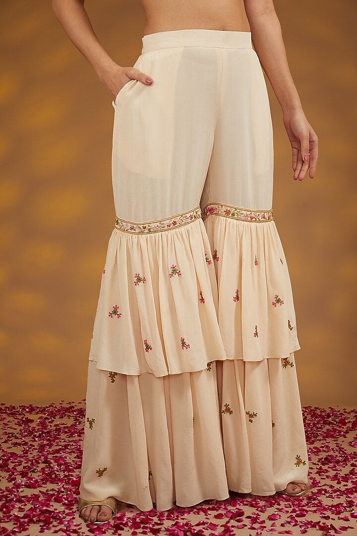 Beige Chanderi Silk Hand Embroidered Wedding Sharara Set by House of Supriya at Pernia's Pop Up Shop