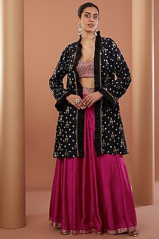 Pink Georgette Machine Embroidered Sharara Set by House of Supriya