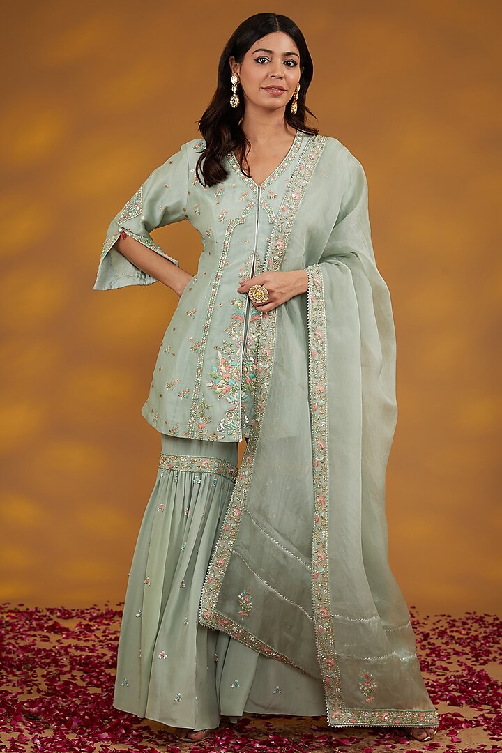 Blue Organza Hand Embroidered Sharara Set by House of Supriya at Pernia's Pop Up Shop