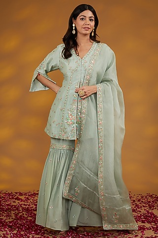 Blue Organza Hand Embroidered Sharara Set by House of Supriya