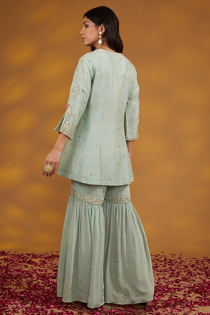 Blue Organza Hand Embroidered Wedding Sharara Set by House of Supriya at Pernia's Pop Up Shop