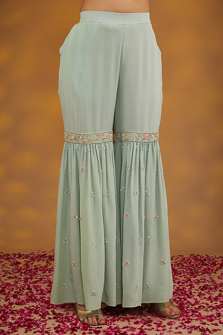 Blue Organza Hand Embroidered Wedding Sharara Set by House of Supriya at Pernia's Pop Up Shop
