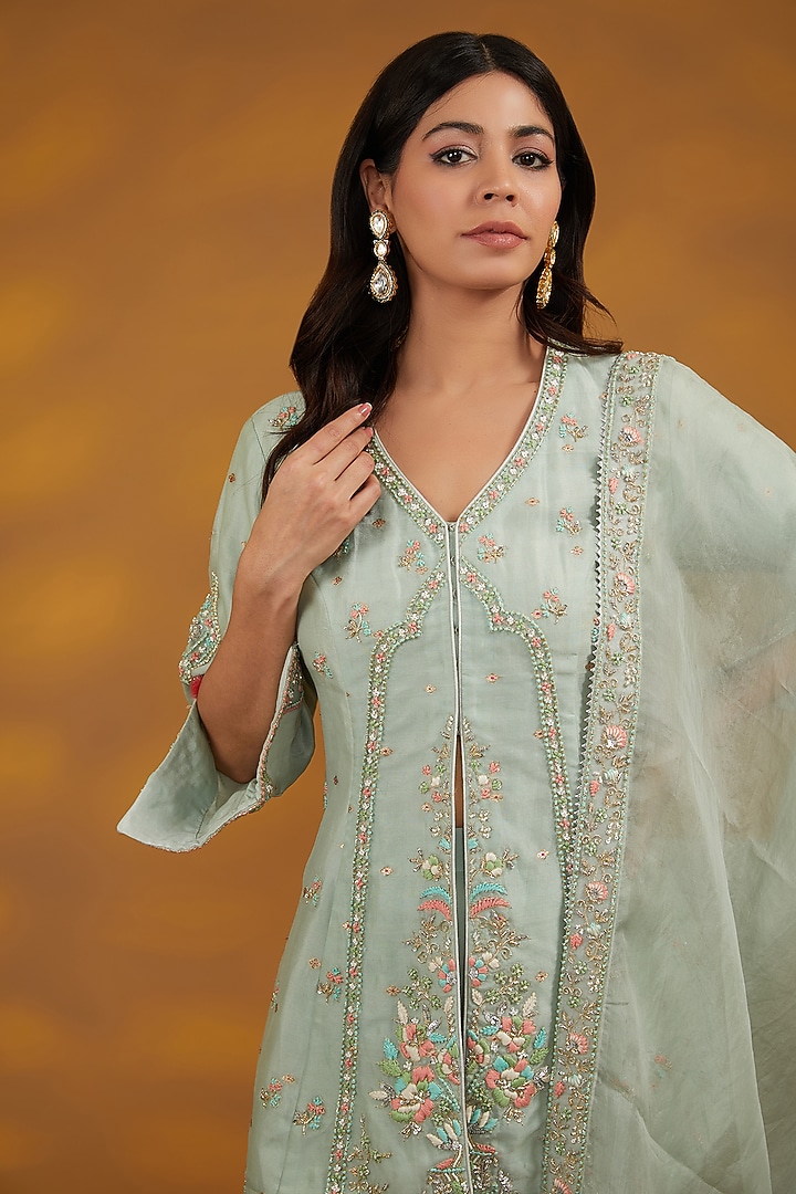 Blue Organza Hand Embroidered Wedding Sharara Set by House of Supriya at Pernia's Pop Up Shop
