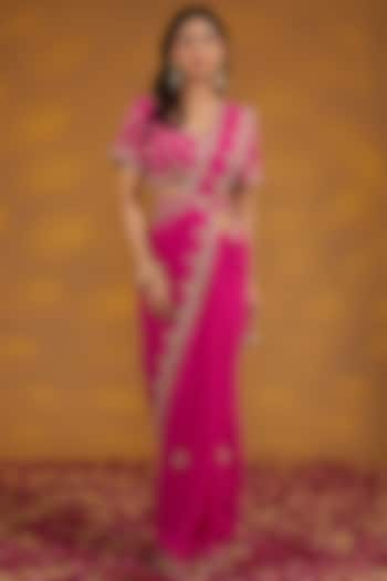 Pink Georgette Hand Embroidered Saree Set by House of Supriya at Pernia's Pop Up Shop