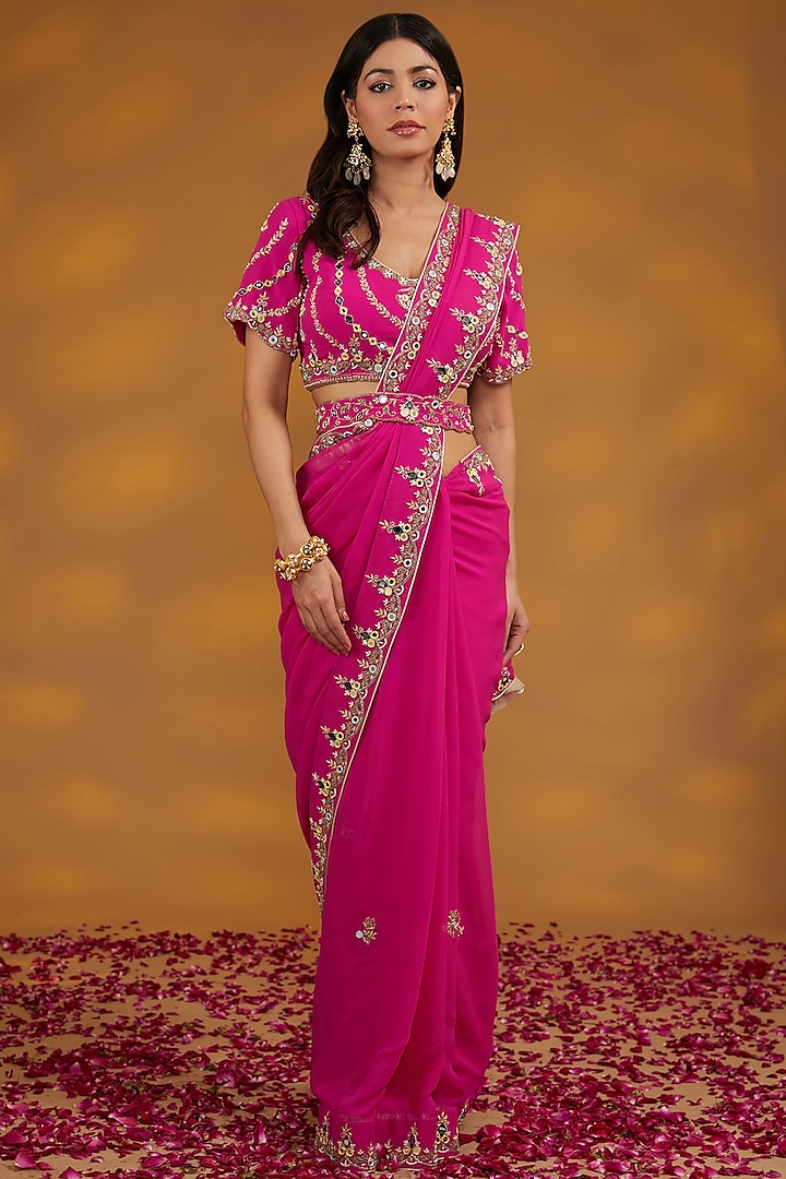 Pink Georgette Hand Embroidered Saree Set by House of Supriya at Pernia's Pop Up Shop