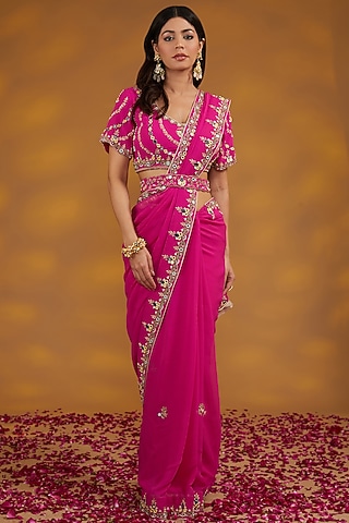 Pink Georgette Hand Embroidered Saree Set by House of Supriya
