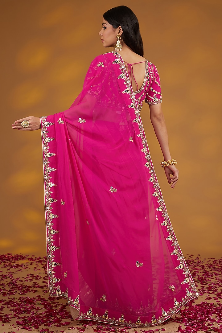 Pink Georgette Hand Embroidered Wedding Saree Set by House of Supriya at Pernia's Pop Up Shop