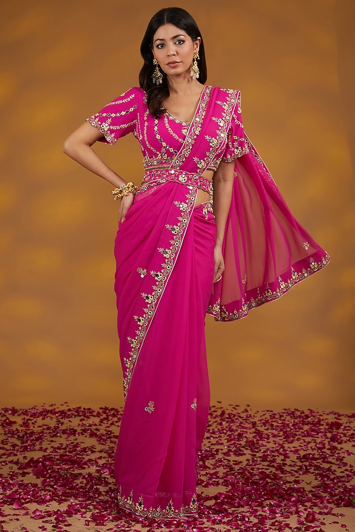 Pink Georgette Hand Embroidered Wedding Saree Set by House of Supriya at Pernia's Pop Up Shop