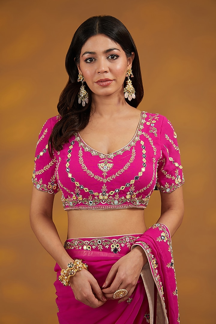 Pink Georgette Hand Embroidered Wedding Saree Set by House of Supriya at Pernia's Pop Up Shop