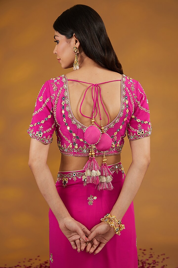 Pink Georgette Hand Embroidered Wedding Saree Set by House of Supriya at Pernia's Pop Up Shop