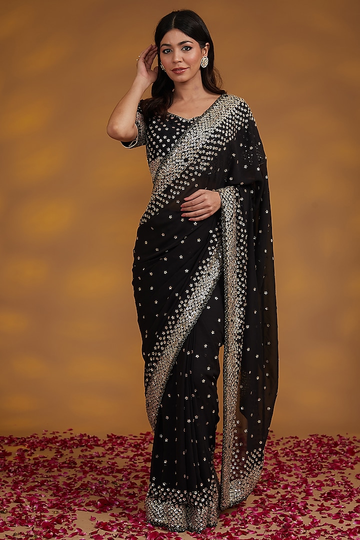 Black Georgette Hand Embroidered Saree Set by House of Supriya at Pernia's Pop Up Shop