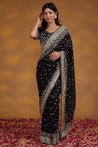 Black Georgette Hand Embroidered Saree Set by House of Supriya