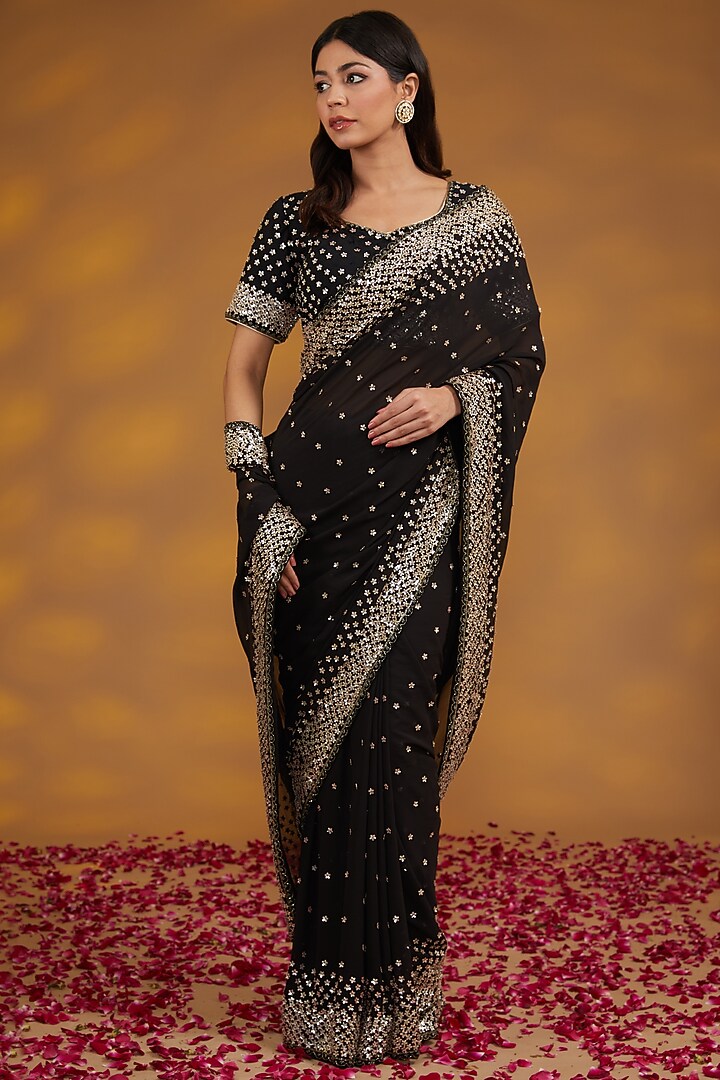 Black Georgette Hand Embroidered Wedding Saree Set by House of Supriya at Pernia's Pop Up Shop