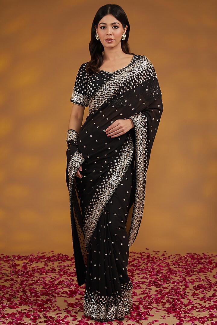 Black Georgette Hand Embroidered Wedding Saree Set by House of Supriya at Pernia's Pop Up Shop