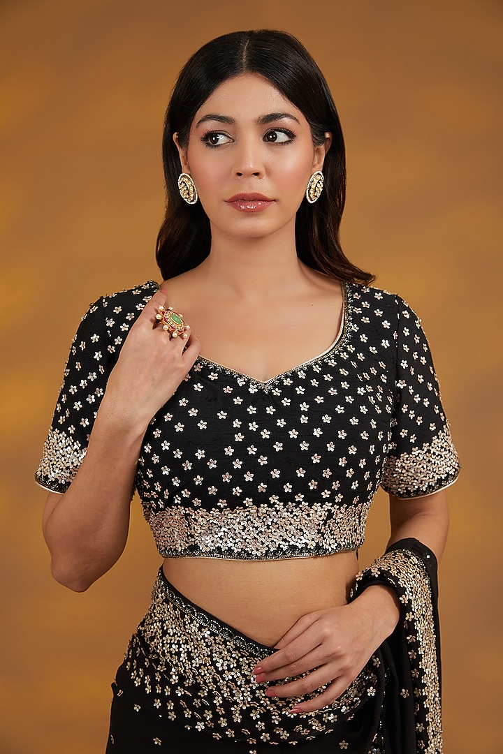 Black Georgette Hand Embroidered Wedding Saree Set by House of Supriya at Pernia's Pop Up Shop