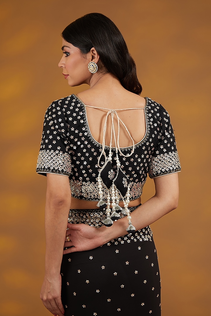 Black Georgette Hand Embroidered Wedding Saree Set by House of Supriya at Pernia's Pop Up Shop