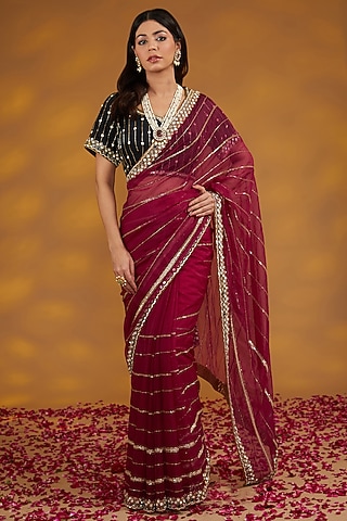 Maroon Organza Hand Embroidered Saree Set by House of Supriya