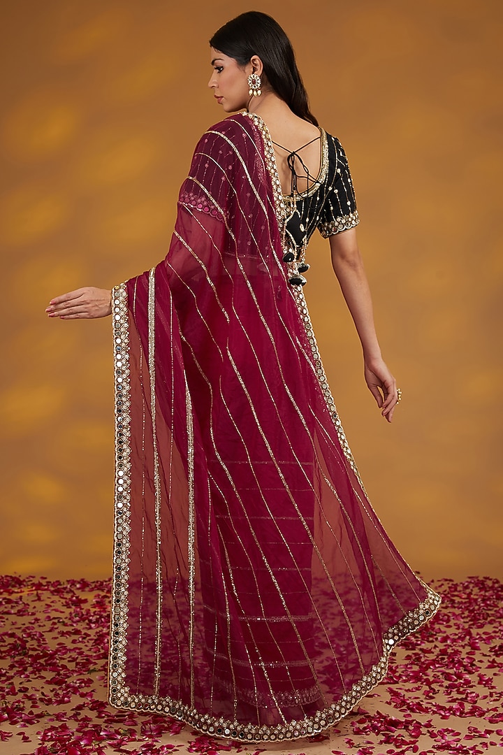 Maroon Organza Hand Embroidered Wedding Saree Set by House of Supriya at Pernia's Pop Up Shop