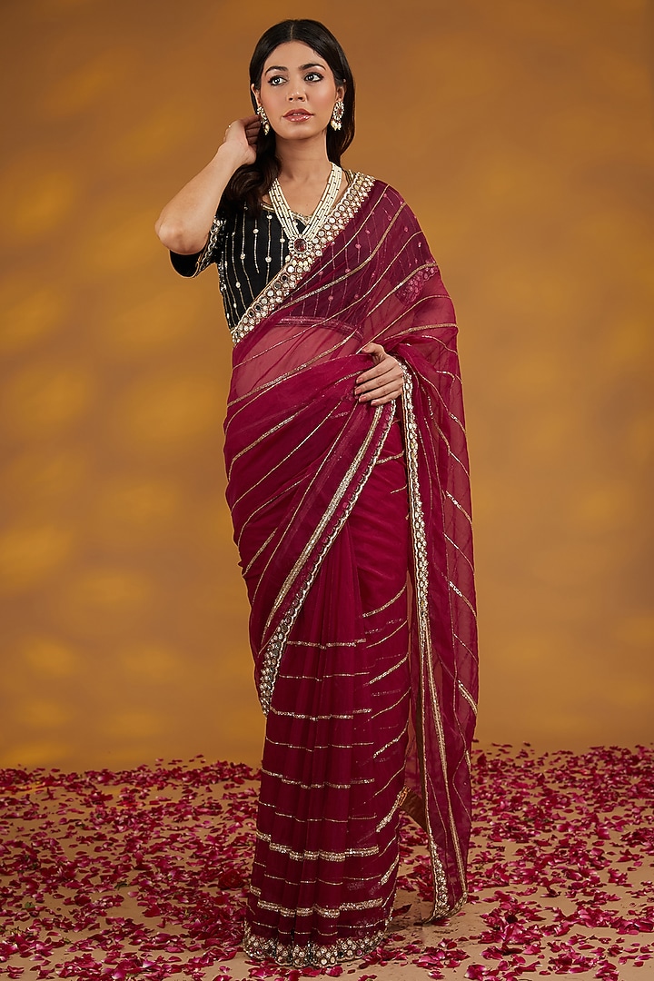 Maroon Organza Hand Embroidered Wedding Saree Set by House of Supriya at Pernia's Pop Up Shop