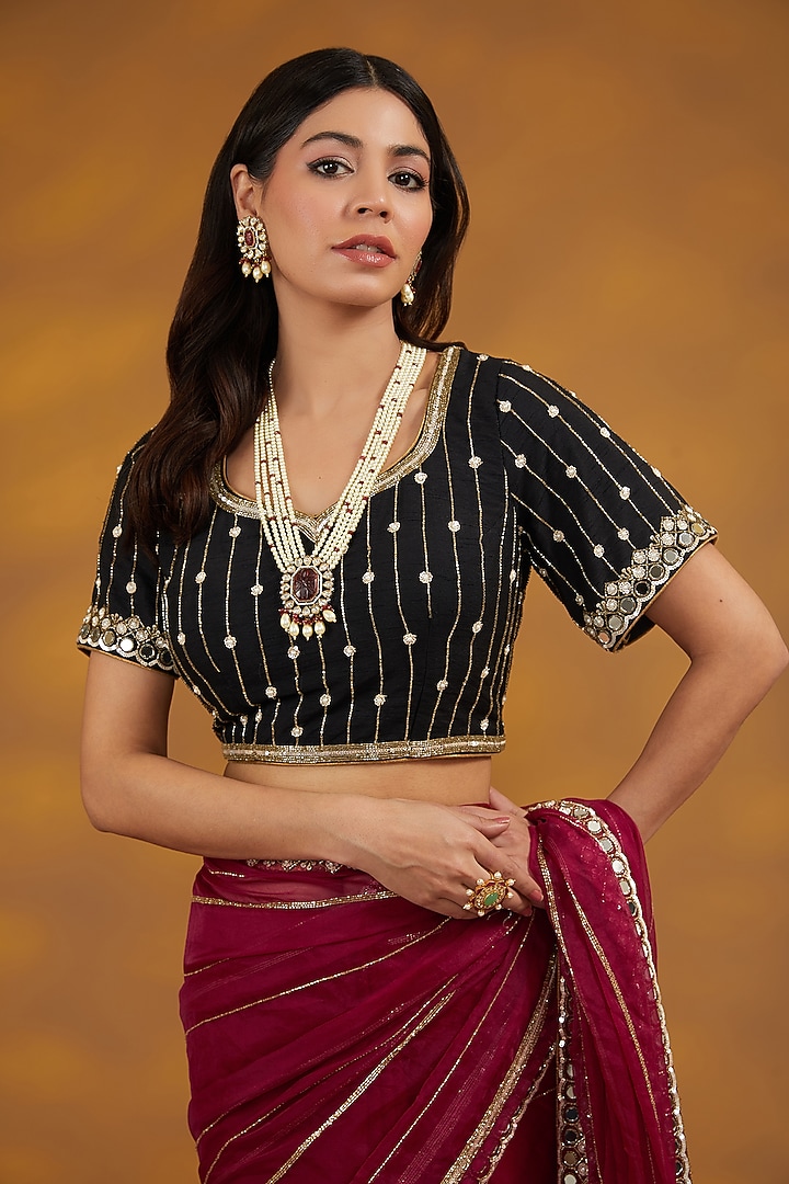 Maroon Organza Hand Embroidered Wedding Saree Set by House of Supriya at Pernia's Pop Up Shop