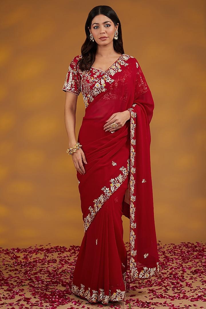 Red Georgette Hand Embroidered Saree Set by House of Supriya at Pernia's Pop Up Shop