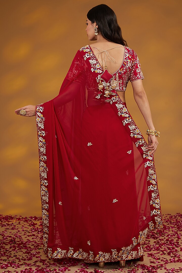 Red Georgette Hand Embroidered Wedding Saree Set by House of Supriya at Pernia's Pop Up Shop