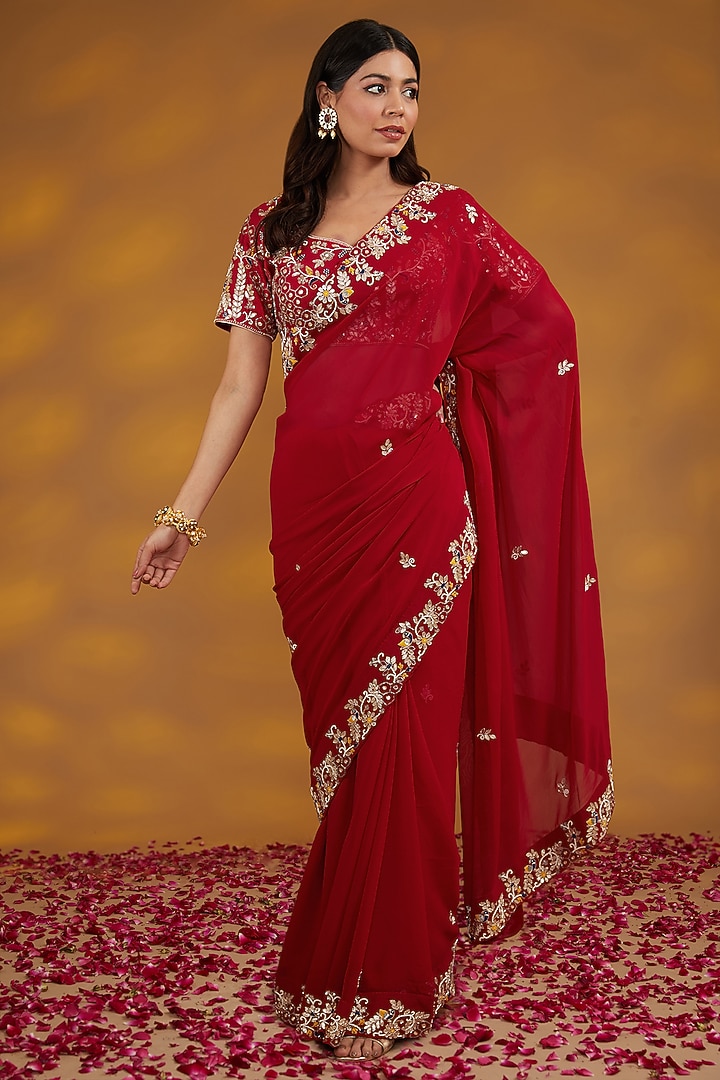 Red Georgette Hand Embroidered Wedding Saree Set by House of Supriya at Pernia's Pop Up Shop