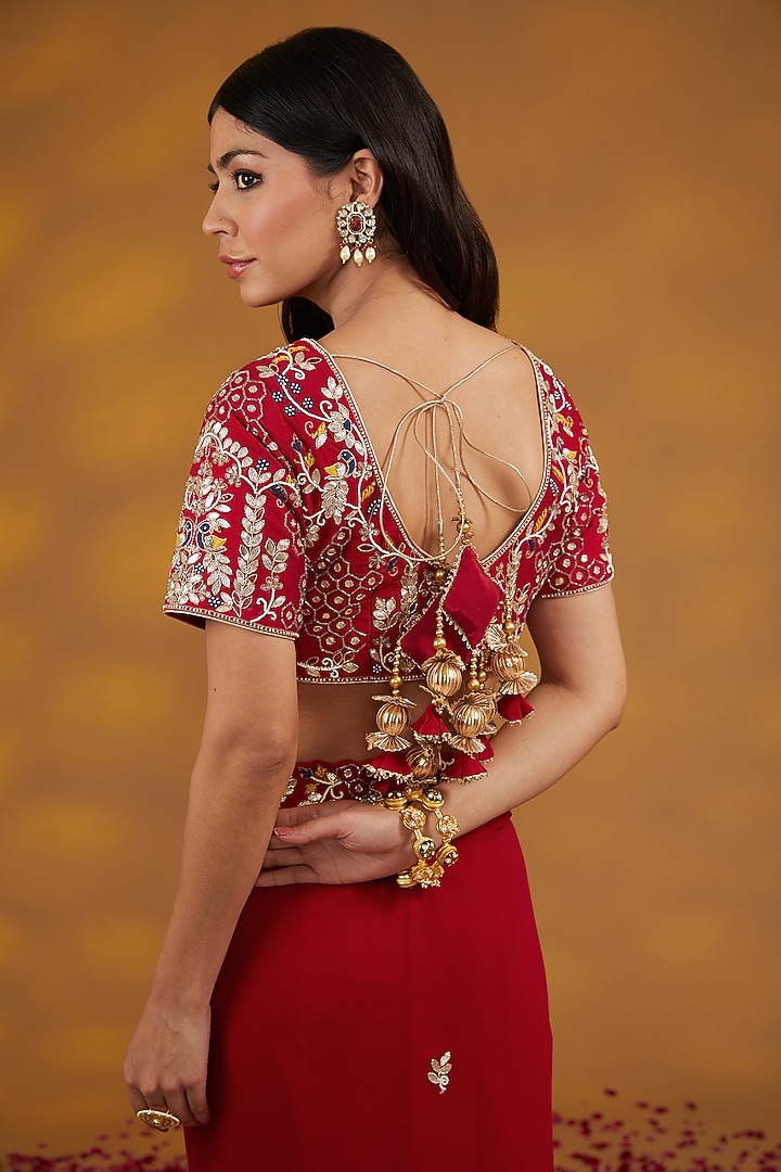 Red Georgette Hand Embroidered Wedding Saree Set by House of Supriya at Pernia's Pop Up Shop