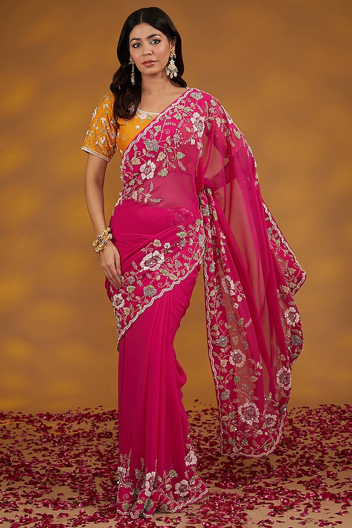 Pink Georgette Hand Embroidered Saree Set by House of Supriya at Pernia's Pop Up Shop