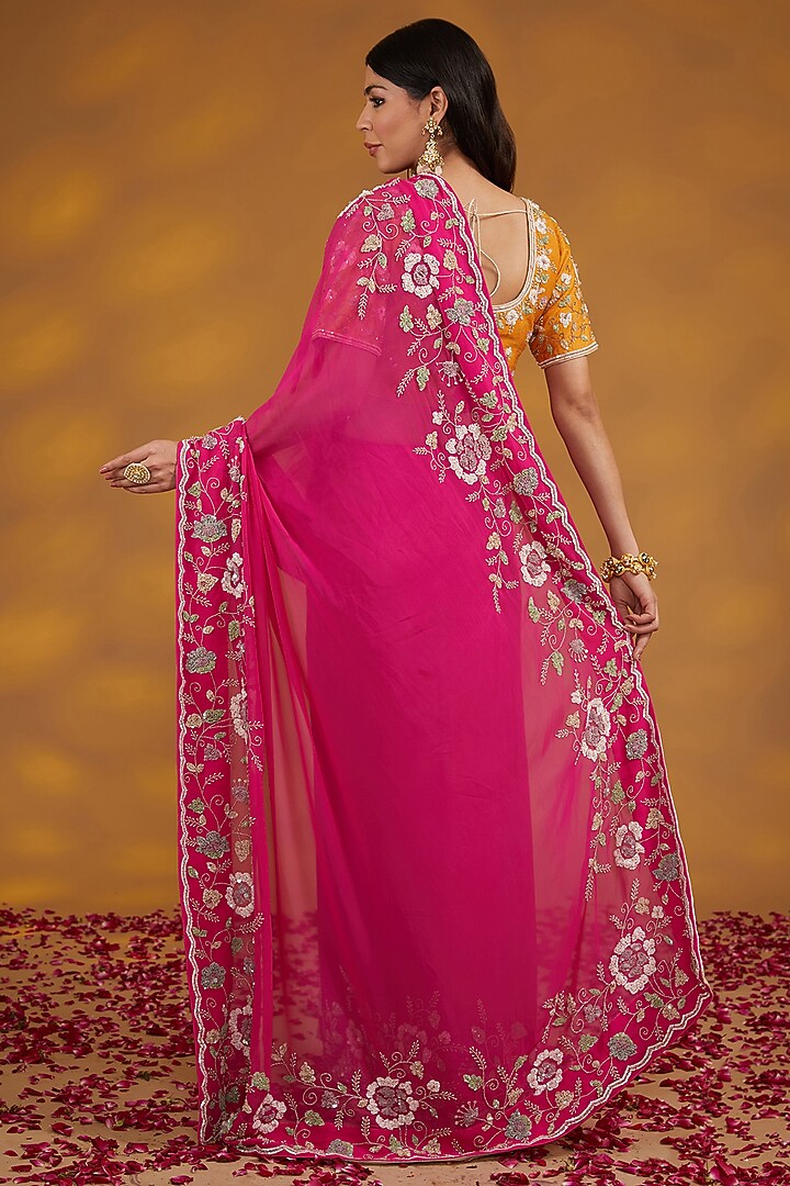 Pink Georgette Hand Embroidered Wedding Saree Set by House of Supriya at Pernia's Pop Up Shop