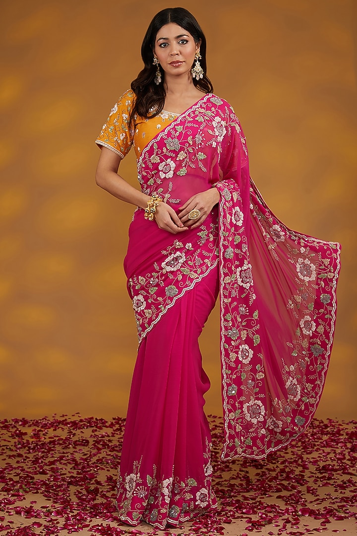 Pink Georgette Hand Embroidered Wedding Saree Set by House of Supriya at Pernia's Pop Up Shop