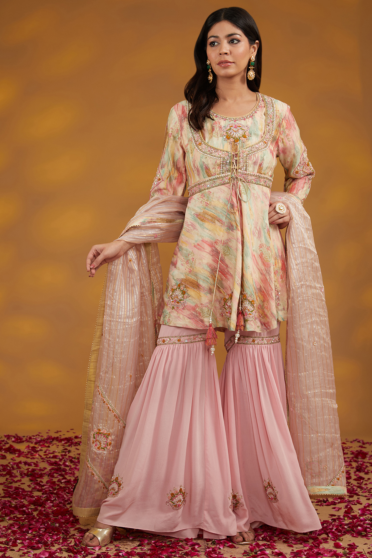 Beige Silk Chanderi Hand Embroidered Sharara Set by House of Supriya at Pernia's Pop Up Shop