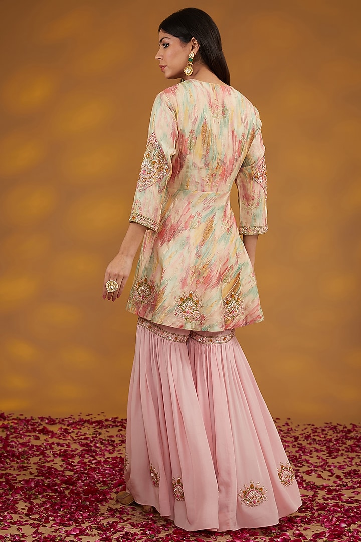 Beige Silk Chanderi Hand Embroidered Sharara Set by House of Supriya at Pernia's Pop Up Shop