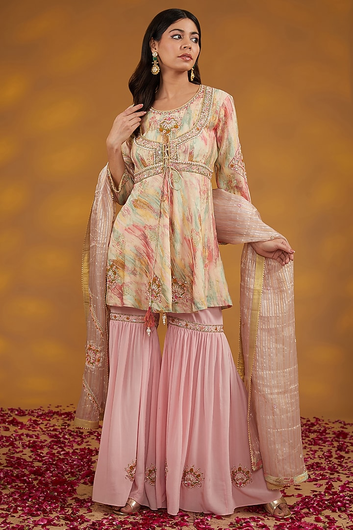 Beige Silk Chanderi Hand Embroidered Sharara Set by House of Supriya at Pernia's Pop Up Shop
