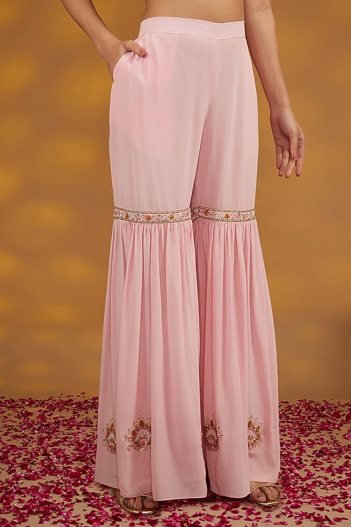 Beige Silk Chanderi Hand Embroidered Sharara Set by House of Supriya at Pernia's Pop Up Shop