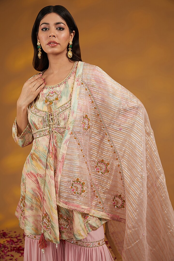 Beige Silk Chanderi Hand Embroidered Sharara Set by House of Supriya at Pernia's Pop Up Shop