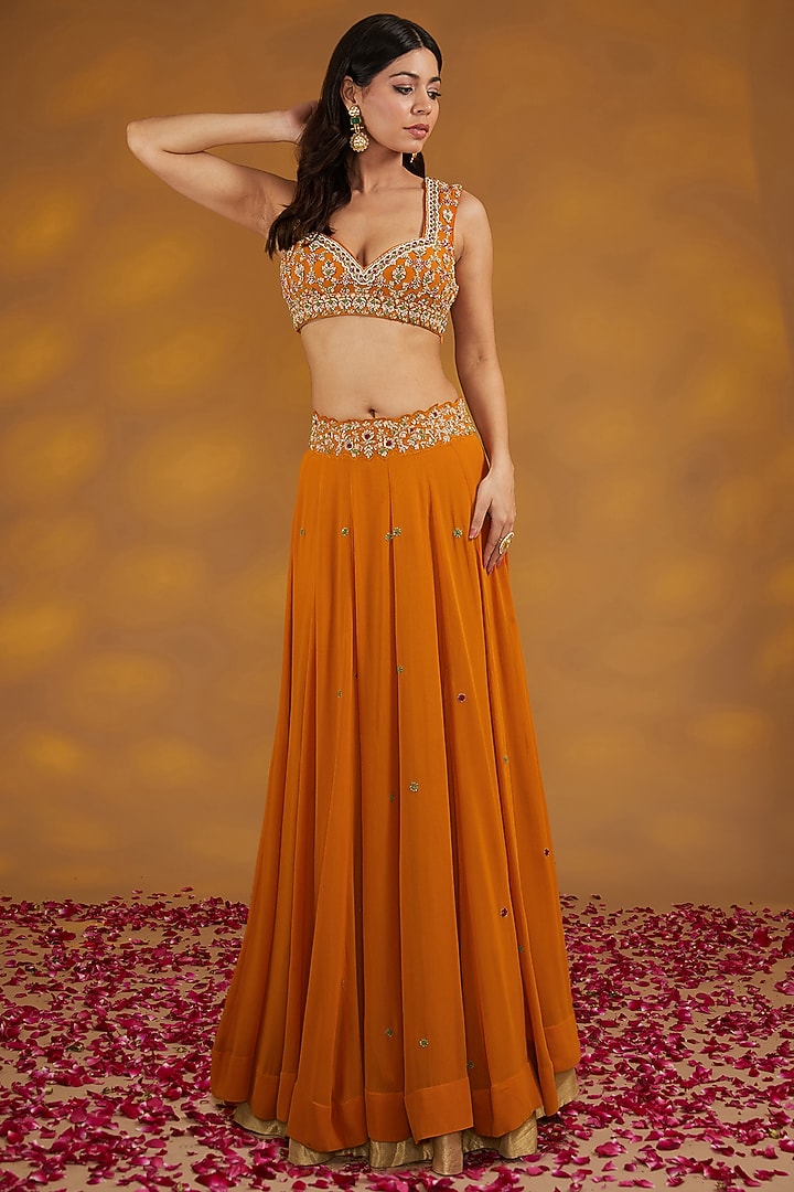 Orange Georgette Hand Embroidered Jacket Wedding Lehenga Set by House of Supriya at Pernia's Pop Up Shop