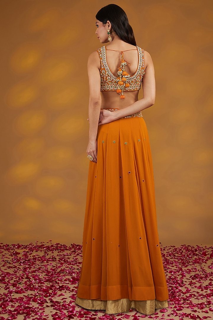 Orange Georgette Hand Embroidered Jacket Wedding Lehenga Set by House of Supriya at Pernia's Pop Up Shop