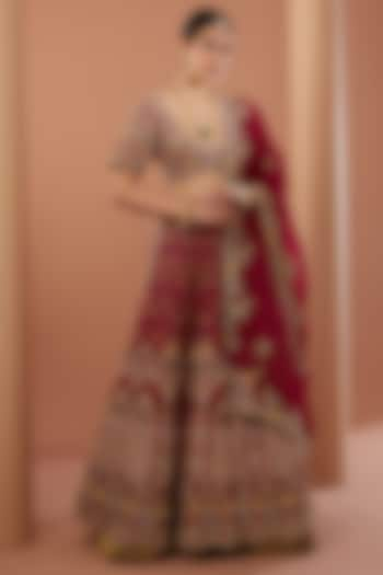 Red Raw Silk Zardosi Hand Embroidered Bridal Lehenga Set by House of Supriya at Pernia's Pop Up Shop