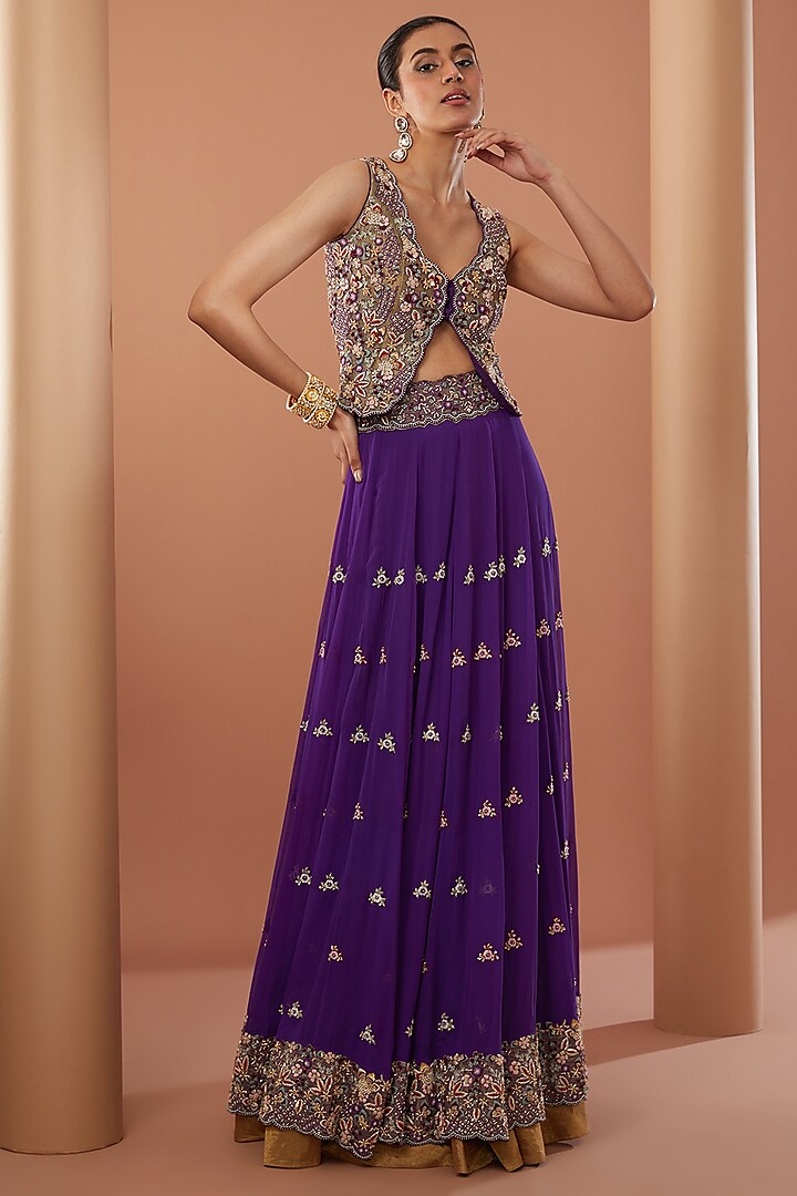 Purple Silk Georgette Zardosi Hand Embroidered Wedding Lehenga Set by House of Supriya at Pernia's Pop Up Shop