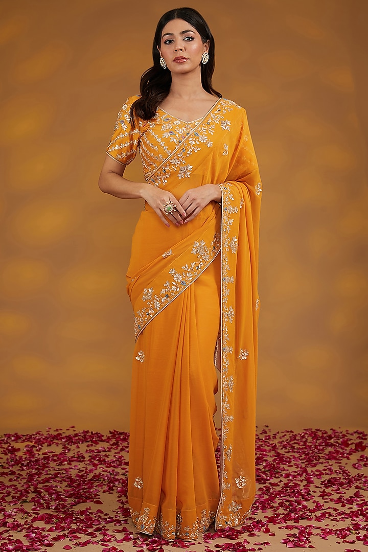 Yellow Georgette Hand Embroidered Saree Set by House of Supriya
