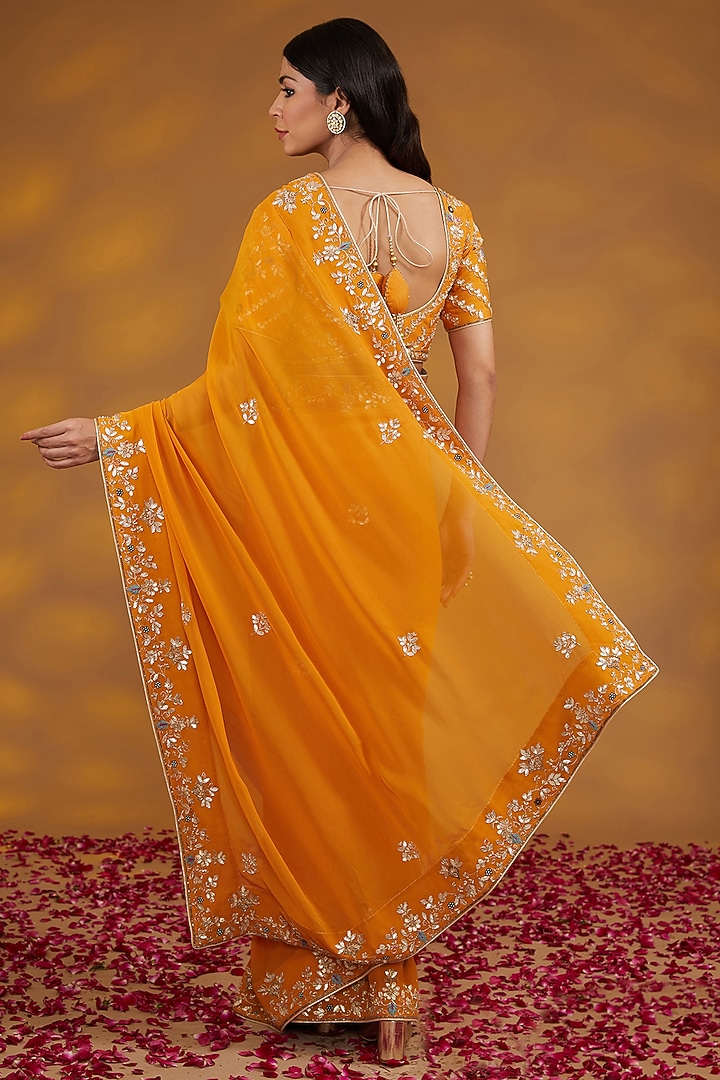 Yellow Georgette Hand Embroidered Wedding Saree Set by House of Supriya at Pernia's Pop Up Shop