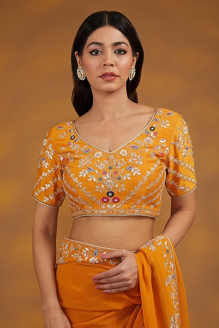 Yellow Georgette Hand Embroidered Wedding Saree Set by House of Supriya at Pernia's Pop Up Shop