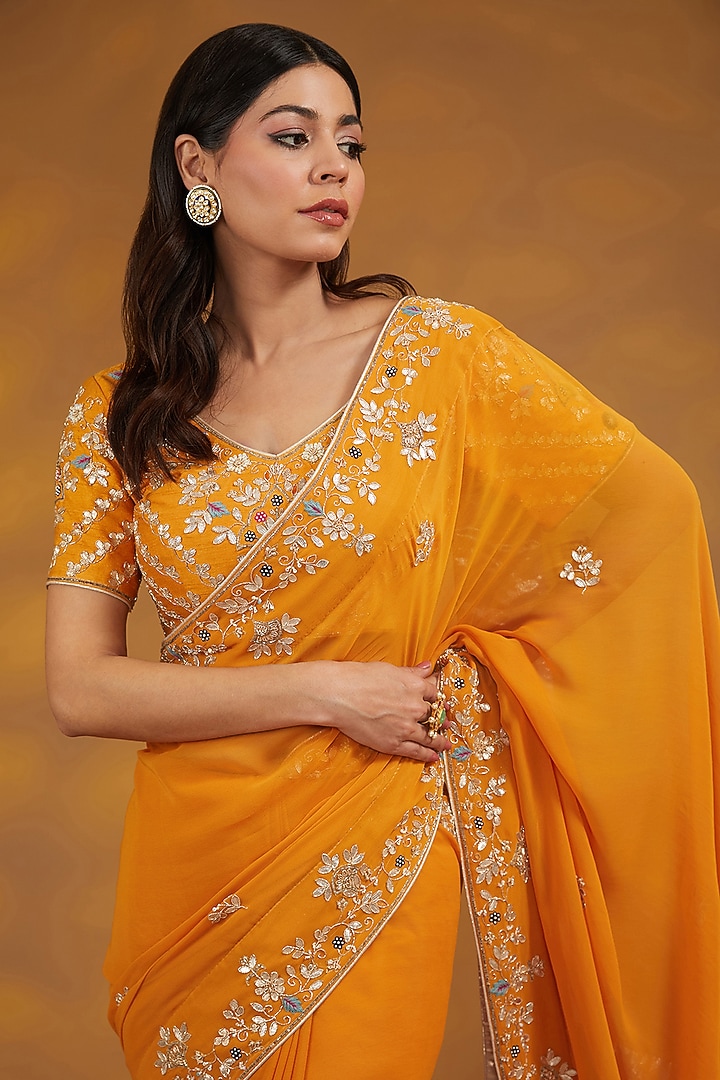 Yellow Georgette Hand Embroidered Wedding Saree Set by House of Supriya at Pernia's Pop Up Shop