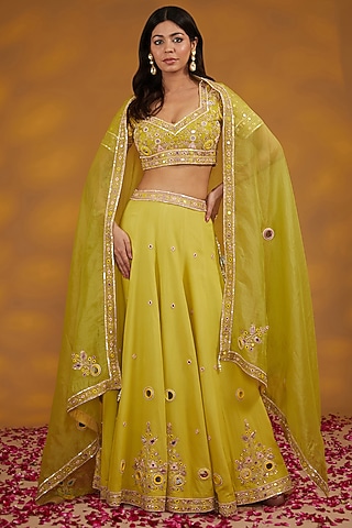 Yellow Georgette Hand Embroidered Lehenga Set by House of Supriya