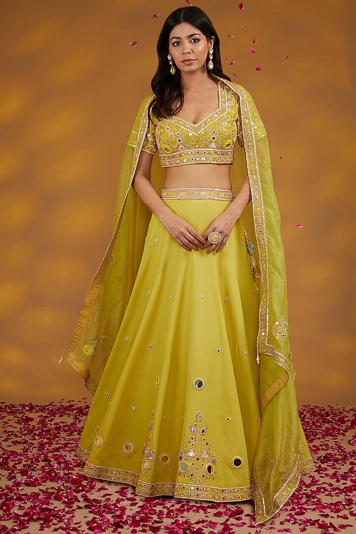 Yellow Georgette Hand Embroidered Wedding Lehenga Set by House of Supriya at Pernia's Pop Up Shop