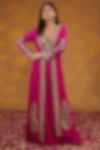 Pink Silk Georgette Zari Hand Embroidered Sharara Set by House of Supriya