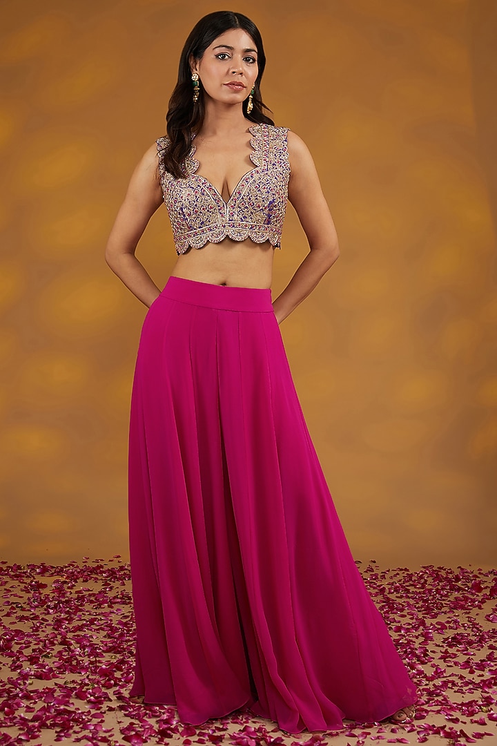Pink Silk Georgette Zari Hand Embroidered Wedding Sharara Set by House of Supriya at Pernia's Pop Up Shop